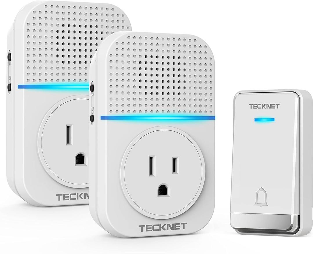 TECKNET Wireless Doorbell, Self-Powered Doorbell, 0-110db Plug-through Wireless Doorbell Ringer for Homes Classroom, IP66 Waterproof 1300ft Door Chime with Extra Socket, 60 Chimes, LED Light (White) 2 Pack