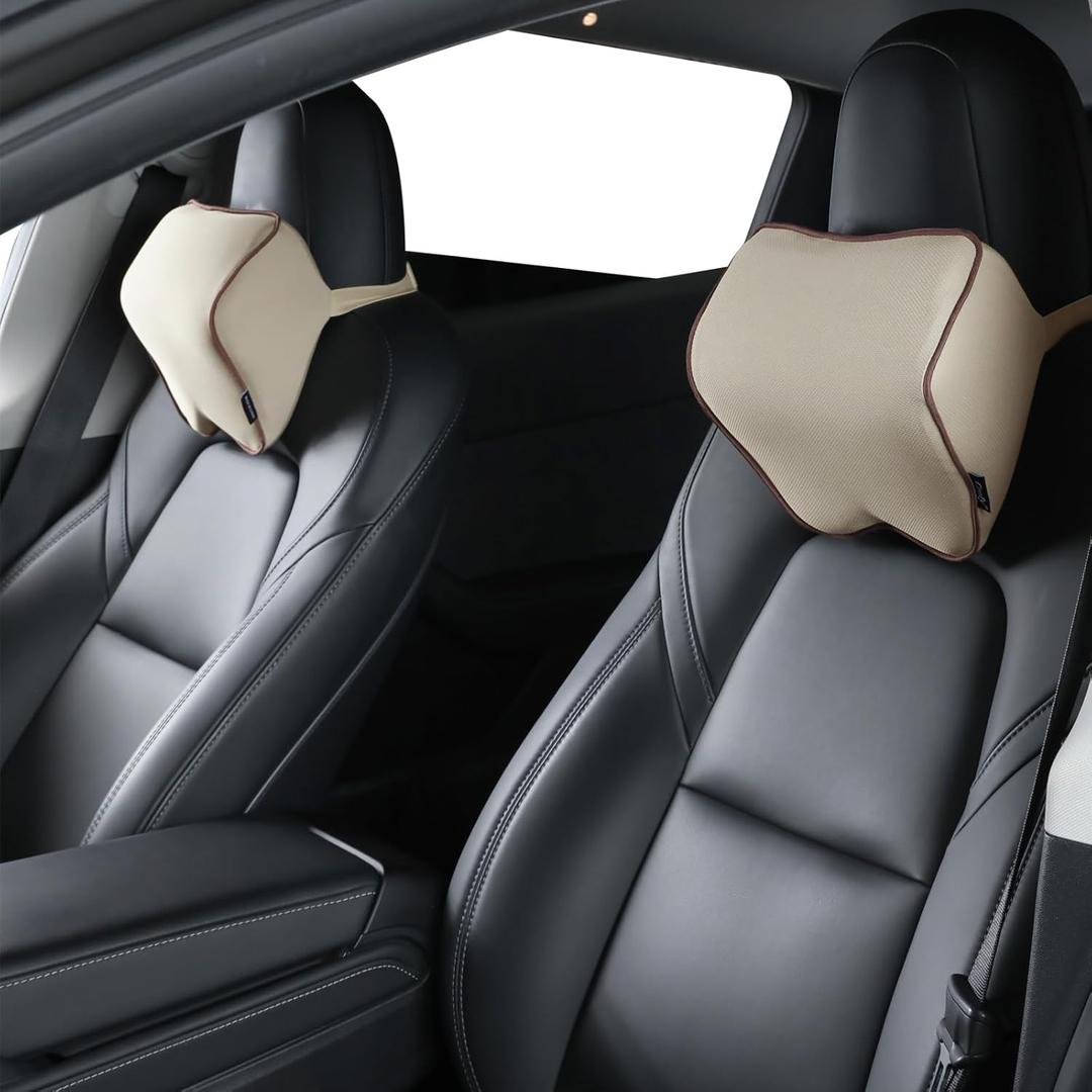 Crofy 2 Pack Car Neck Pillow, Softness Car Headrest Pillow for Driving with Adjustable Strap, 100% Memory Foam and Breathable Removable Cover, Comfortable Ergonomic Design (Beige)