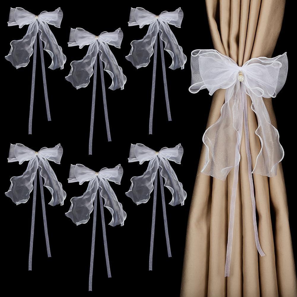 FINGERINSPIRE 6 pcs Bow Lace Curtain Tiebacks with Pin White Bowknot Curtain Ties with PVC Imitation Pearl Elegant Lace Ribbon Bow Straps Drapery Holdbacks Tie Rope Home Decoration
