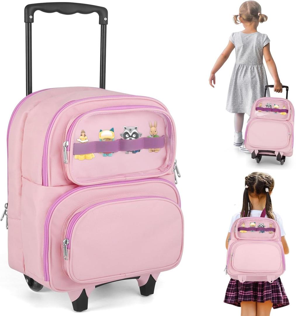 2-in-1 Rolling Backpack for Toniebox 1&2, Pink Travel Carrying Case for Girls with Wheels Organizer Storage Bag, Holds for Toniebox, 30+ Tonies Characters, Headphones & Charger