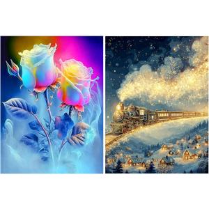 12''x16'' Large 2-in-1 Diamond Art Kit for Adults: Elegant Rose & Classic Train Round Drill Paintings - 5D Full Drill Diamond Art Beginner DIY Craft with Extra 30% Diamonds (Rose and Train Scenes)