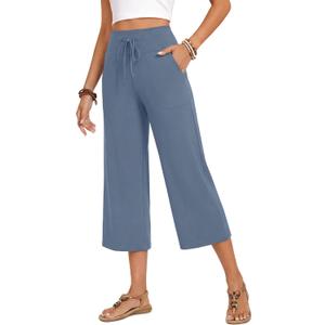 ZOOSIXX Capri Pants for Women - Wide Leg Loose Casual Trousers with Pockets Summer High Waisted Drawstring Pants, Size: M, 22 inches