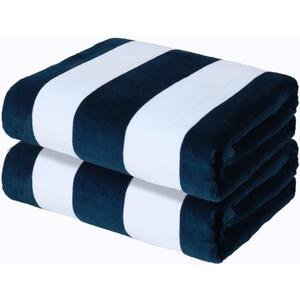 Exclusivo Mezcla 2 Pack Cotton Oversized 35x70 Inches Cabana Stripe Beach Towels, Super Absorbent Soft Plush Pool Bath Towel (Dark Navy)