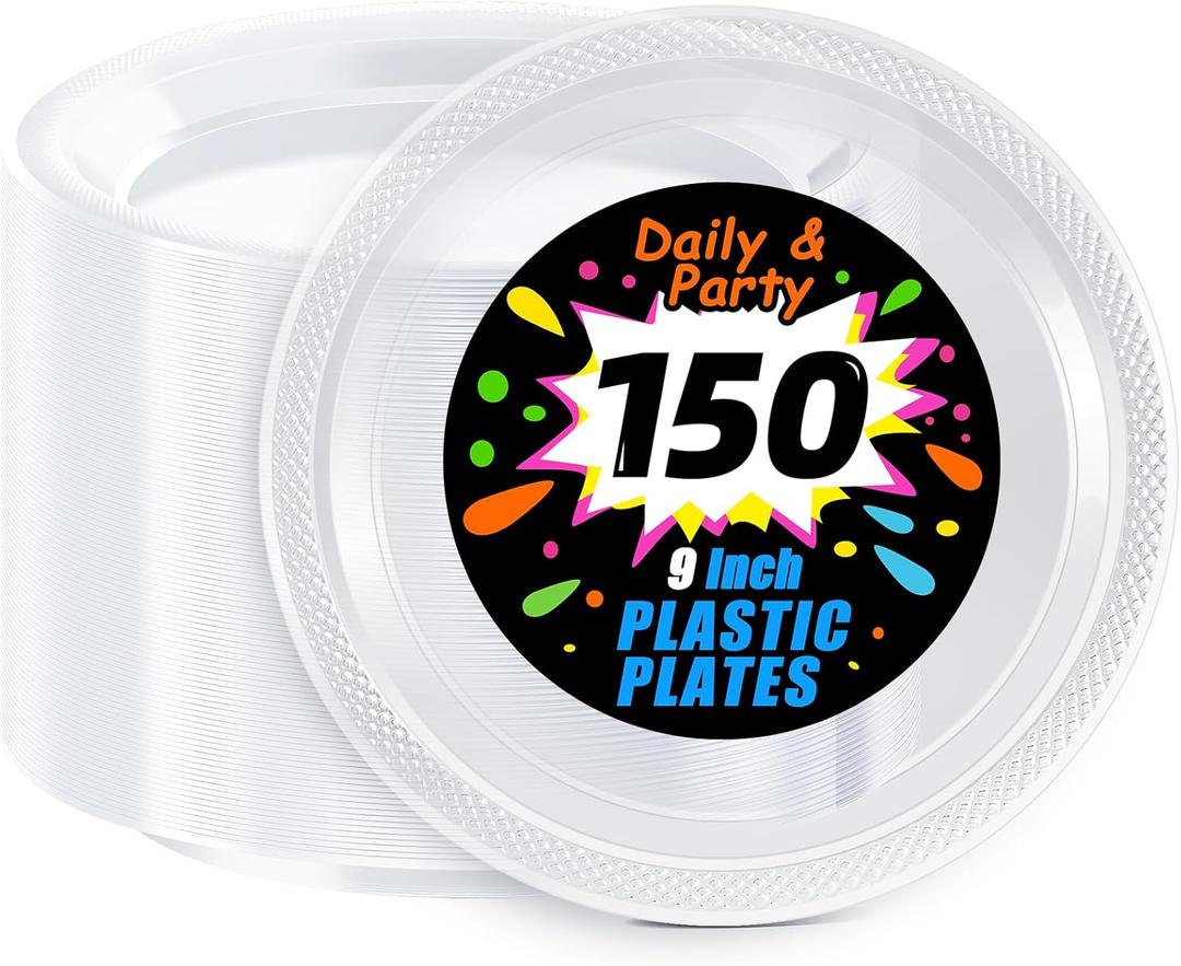 WELLIFE Clear Party Plates 9 Inch -150 Count for Party, Disposable Plastic Dinner Plates for Birthday Wedding Engagement Easter