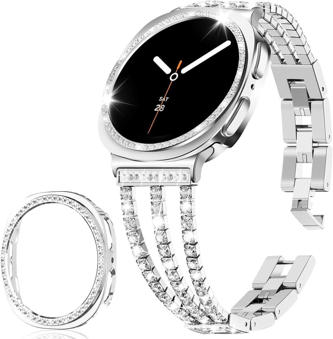 Metal Bands and Case Compatible with Samsung Galaxy Watch 8 40mm 44mm,Sparkling Bling Diamond Strap with PC Protective Bumper Cover (Silver)