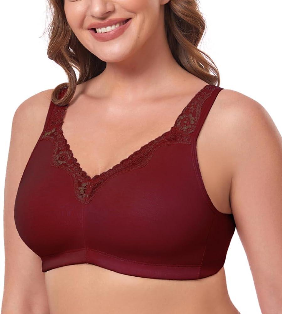 Women's Wireless Plus Size Lace Bra Full Coverage Unlined Minimizer Bra Comfort Cotton (46D, Winr Red)