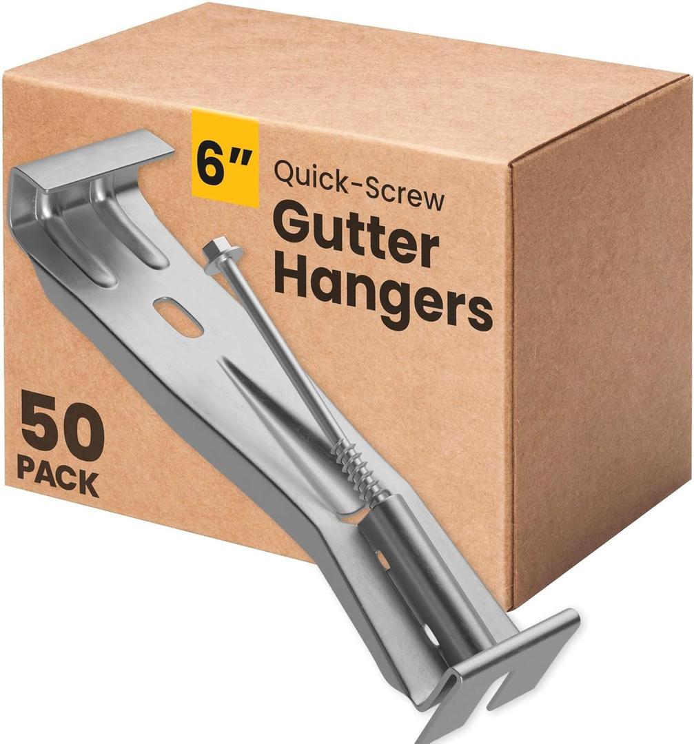 Quick-Screw 6" Gutter Hangers - Heavy Duty Hidden Gutter Brackets with Pre-Assembled Inserted Gutter Screws - Rain Gutter Parts and Accessories to Fix or Repair Sagging Rain Gutters (50 Count)