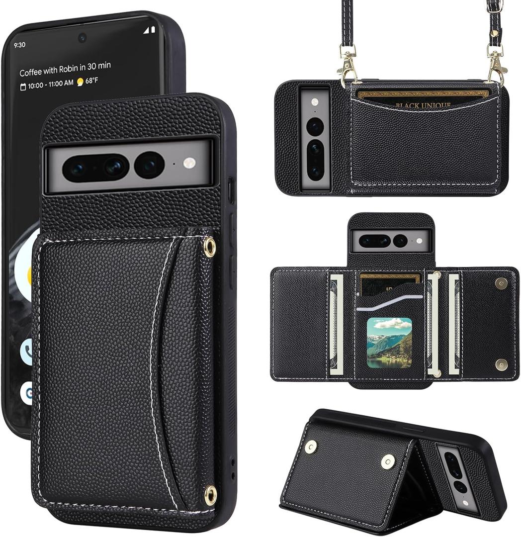 Phone Case for Google Pixel 7 Pro 5G Wallet Cover with Crossbody Shoulder Strap and Leather Credit Card Holder Pocket Slim Cell Accessories Pixel7Pro Pixel7 XL Seven 7Pro 6.7 Girls Black