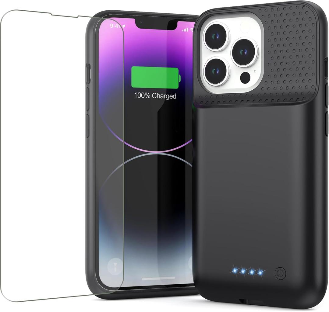 Feob Battery Case for iPhone 13/13 Pro/14,[2024 Upgraded] 7500 mAh Ultra-Slim Portable Extended Charger Case Cover for iPhone 13/13 Pro/14 Charging Case (6.1 Inch)-Black