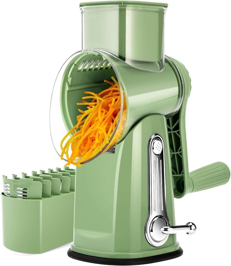 SUSTEAS Rotary Cheese Grater with Handle - Vegetable Shredder with 5 Well-designed Blades & Strong Suction Base,Round Mandoline Slicer & Food Chopper for Kitchen, with Blade Storage Box(Retro Green)