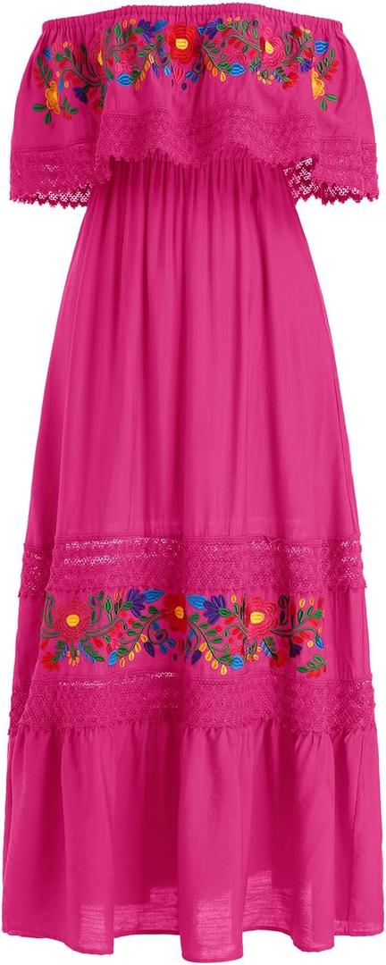Odizli Women's Long Summer Off Shoulder Mexican Boho Floral Embroidery Lace A Line Maxi Dresses 2XL
