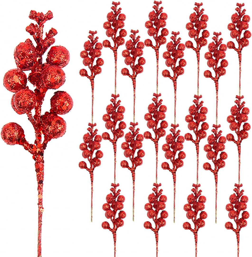 DIYASY Artificial Red Berry Stems,20 Pcs 7.8 Inch Glitter Christmas Tree Picks for Christmas Tree Ornaments,DIY Xmas Wreath, Holiday and Home Decoration
