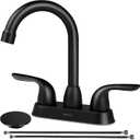 2 Handle Bathroom Faucet Black, 4 Inch Black Bathroom Sink Faucet Centerset with Lift Rod Drain Stopper and Supply Hoses, RV Bathroom Faucet 3 Holes, Matte Black Bathroom Faucet