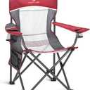 ALPHA CAMP Oversized Mesh Back Camping Folding Chair Heavy Duty Support 350 LBS Collapsible Steel Frame Quad Chair Padded Arm Chair with Cup Holder Portable for Outdoor (Red/Grey)