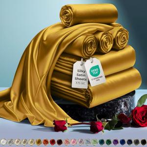 DECOLURE Satin Bed Sheets - 6 Piece Luxury Silky King Size Bedding Set - Softer Than Silk, Wrinkle-Free with 15 Deep Pocket Fitted Sheet, Perfect for Hair & Skin, Gifts for Women (Gold)