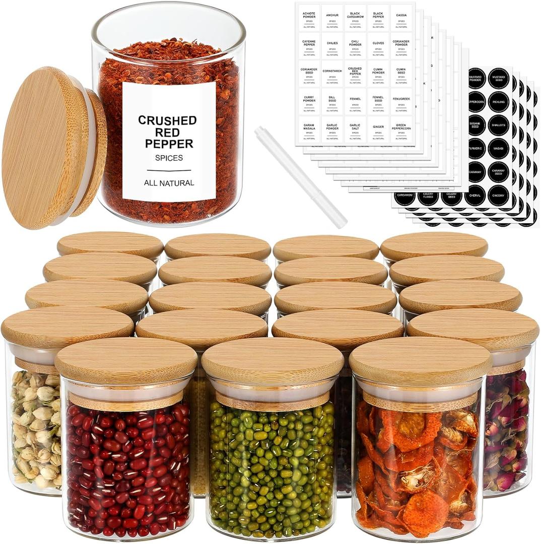 4OZ Glass Spice Jars with Bamboo Lids and 315 Labels, 20 Pcs Clear Food Storage Containers for Kitchen Sugar Salt Coffee Tea Beans