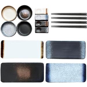 16 Pcs Sushi Plates with Sauce dish, Chopsticks and Chopsticks Holder, Ceramic Rectangular Platters Serving Tray Set, Sushi Dishes, Japanese Dinnerware Set