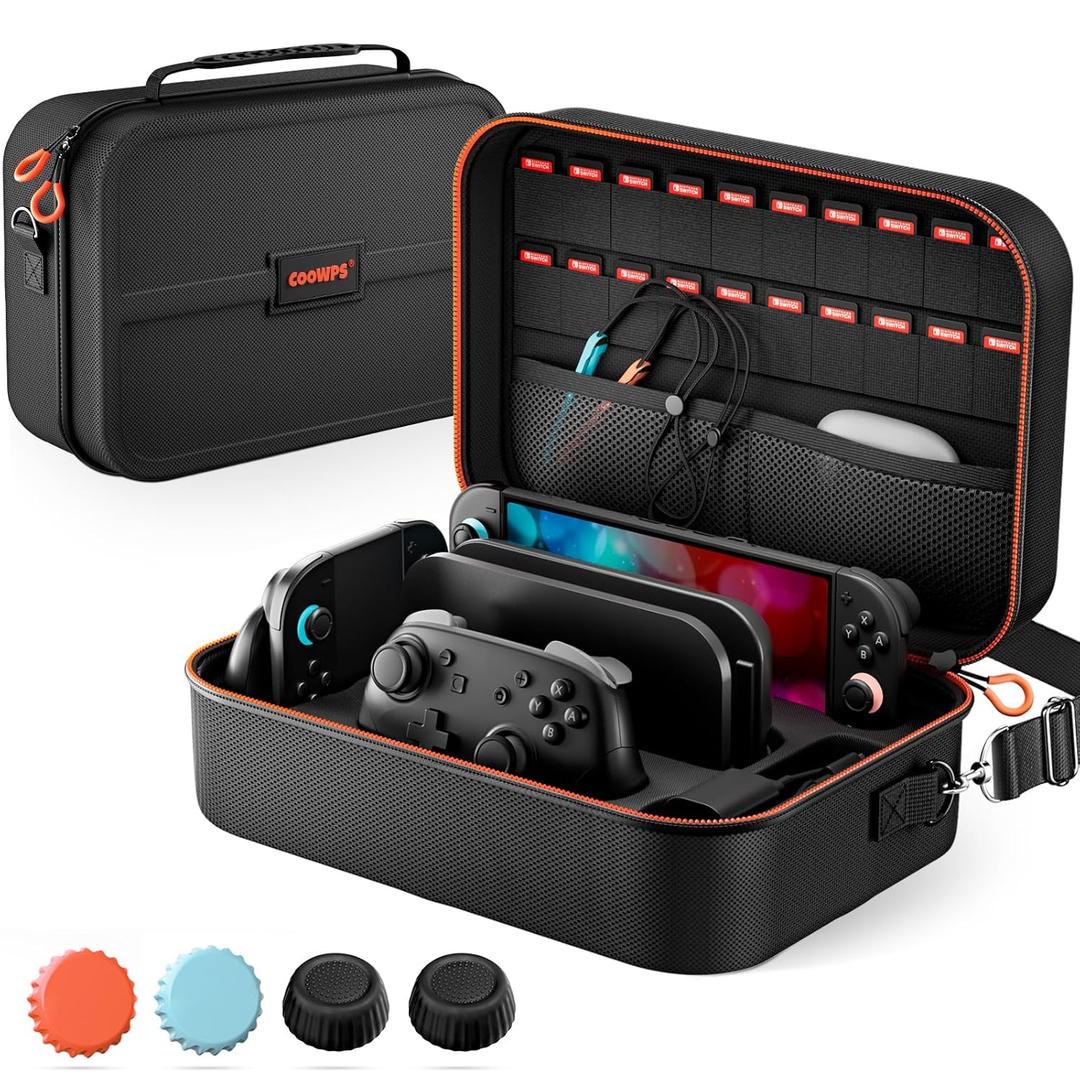 COOWPS for Nintendo Switch 2 Carrying Case 2025, with 4Pcs Thumb Grips, 20 Game Card Slots, Portable Full Protection All In One Travel Storage Case for Switch 2 Console Pro Controller Accessories (Dark Black)
