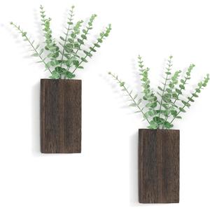 Dahey 2 Pack Wood Wall Planter Vase with Artificial Eucalyptus Farmhouse Wall Hanging Decor Pocket Planter for Indoor Fake Plants Greenery, Living Room Bedroom Kitchen Home Office Decoration