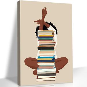 DCMVJHZV Black Girl Canvas Wall Art African American Books Wall Decor Black Woman picture Print Afrocentric Book Lover Painting Girl Artwork for Bedroom Living Room Office Dormitory(16" x 24")