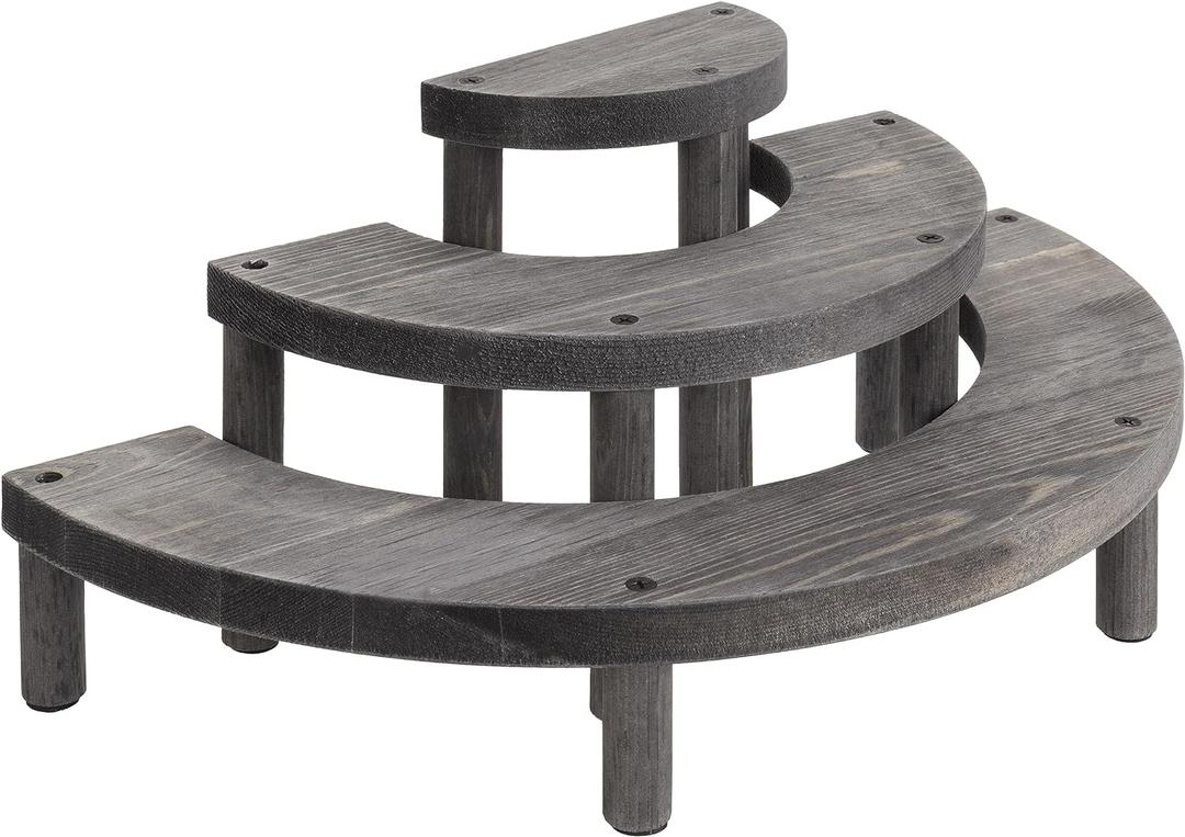 MyGift 3 Tier Cupcake Stand, Vintage Gray Weathered Solid Wood Semicircle Dessert Appetizer Stands, Tiered Platform Display Risers for Spice Jars Cosmetics, 3-Piece Set