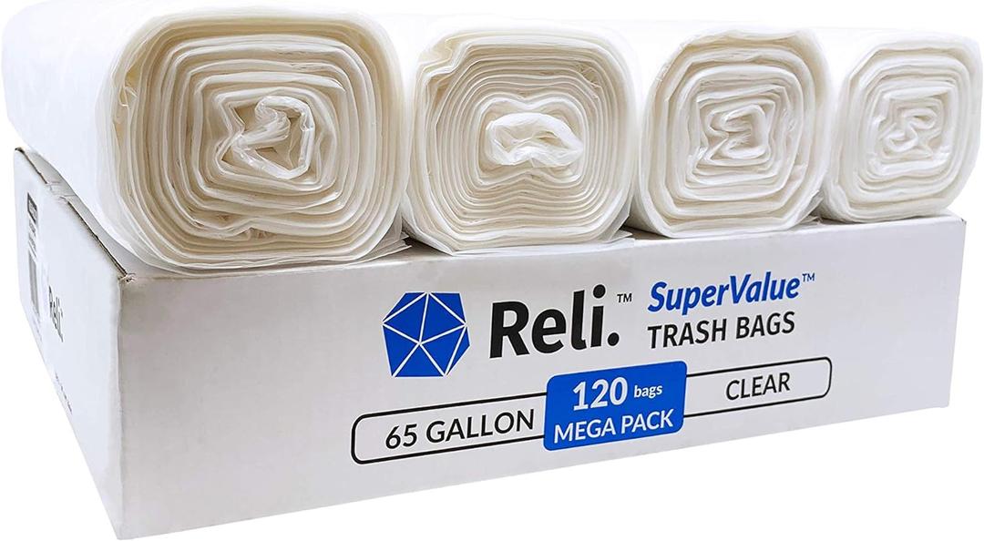 Reli. SuperValue 65 Gallon Trash Bags | 120 Count | Made in USA | Heavy Duty | Bulk | Clear Multi-Use Garbage Bags