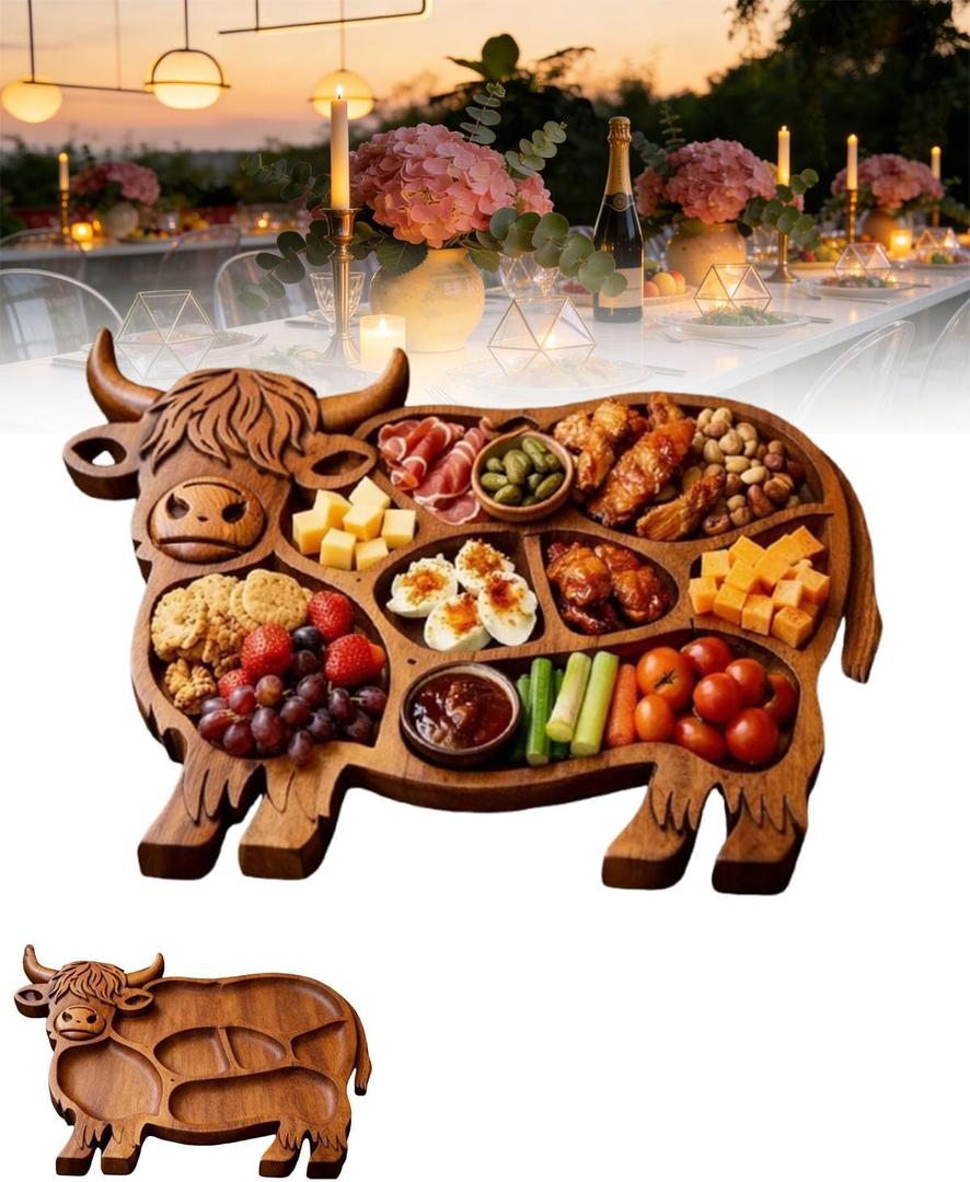 Highland Cow Charcuterie Board Wooden Boards for Serving Food Highland Tray Cheese Natural Solid Wood with Compartments Rustic Farmhouse Shaped Made from Divided Style Meat Fruit Snack Cracker (1PC)