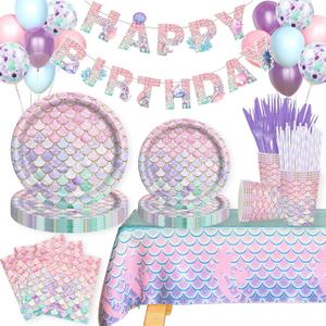 Mermaid Birthday Party Supplies Set, Little Mermaid Birthday Decorations with Tableware, Mermaid Themed Balloon Banner Plates Napkins Cups Forks for Girls Under the Sea Birthday