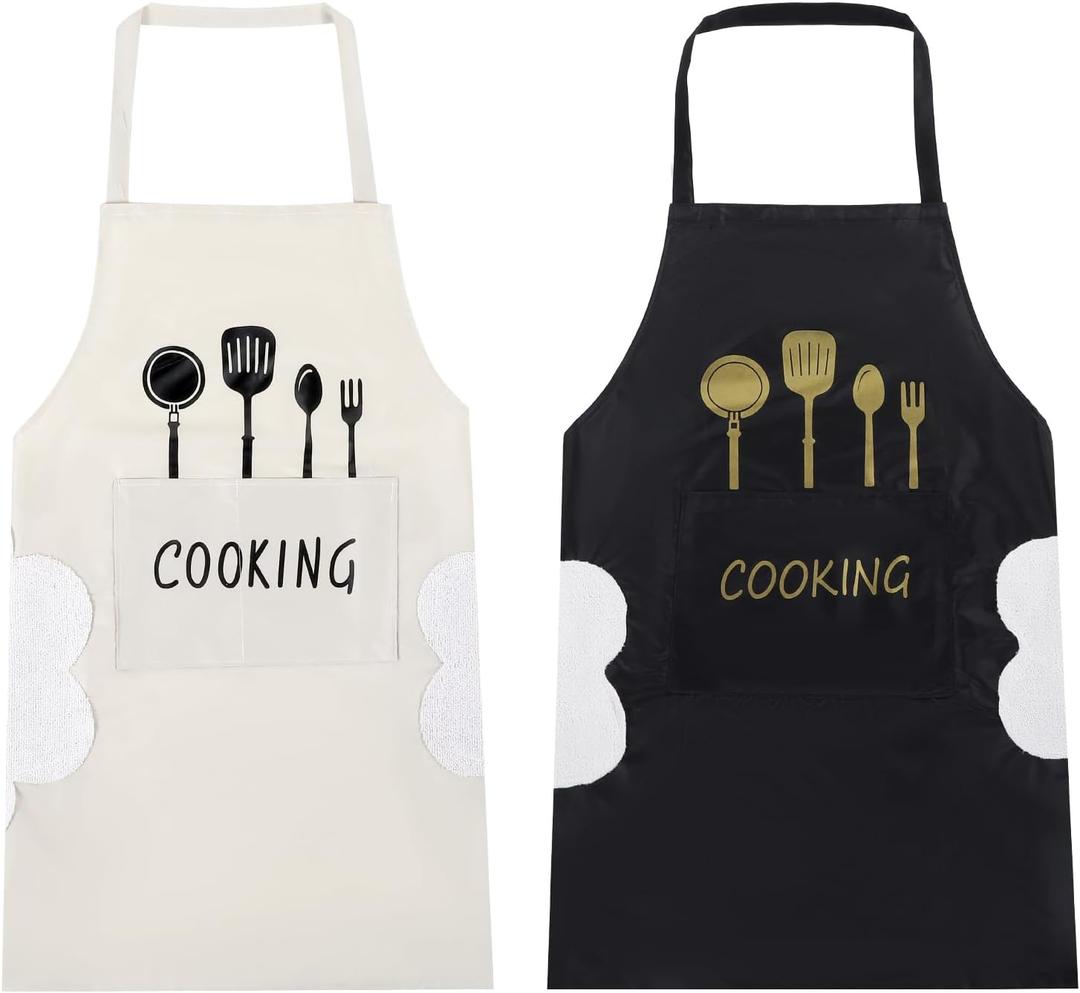Qianyu 2 Pcs Kitchen Bib Apron with Hand Wipe Big Pocket for Women Men Chef Adjustable Waterproof Oil Resistant Cooking Aprons Hand-wiping Cooking Aprons for Kitchen Gardening Salon