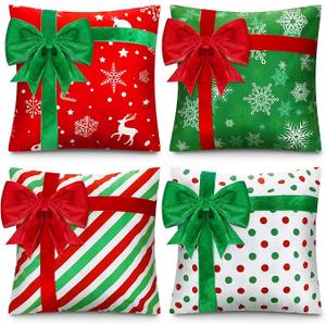 Kingdder Christmas Pillow Covers 16 x 16 Inch Set of 4 Farmhouse Xmas Throw Pillow Cases Gift Box Style Red Green White Snowflake Bow Decoration for Couch Holiday Sofa Cushion Decor