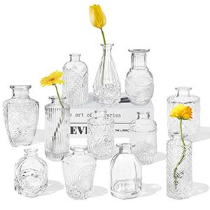 Only 11 Glass Bud Vases Set,Clear Bud Vases in Bulk,Small Vases for Centerpieces,Mini Vintage Vase for Flowers,Rustic Wedding,Home Table Decorations