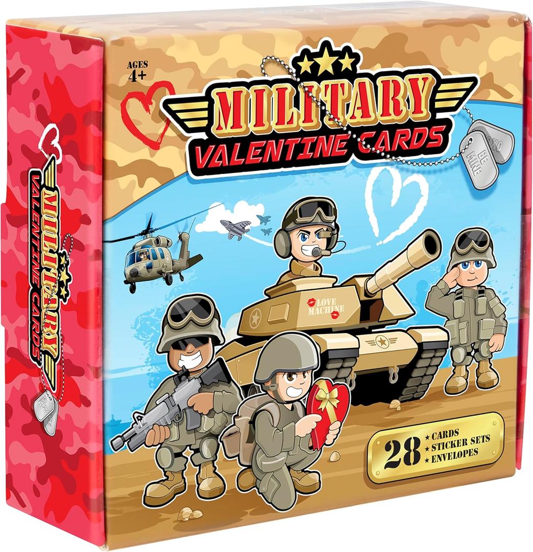Kangaroo 28 Pack Military Bulk Valentines Day Cards for Kids School Classroom - Includes Envelopes & Stickers, Military Themed Valentines for Class Exchange Card, Valentine Party Favors Gifts for Kids