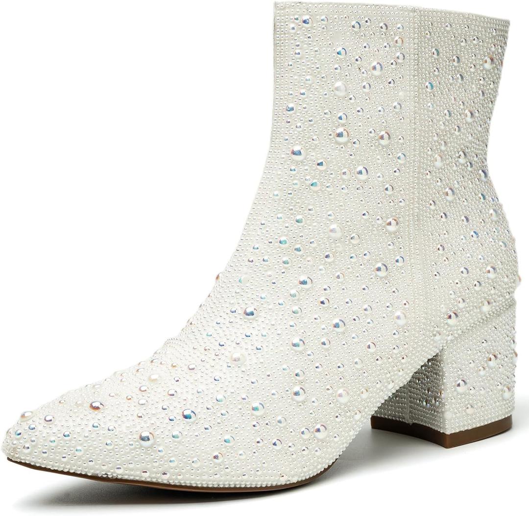 YAYONE Rhinestone Zipper Sparkly Ankle Boots - Glitter Pointed Toe Fashion Comfortable Shoes, Pull on Chunky Heel Western Boots (9, White)