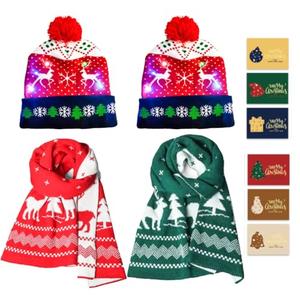 10 Pcs Christmas Hats and Scraves Set, 2 LED Light up Christmas Knitted Hats, 6 Random Christmas Cards Bulk for Christmas Holiday Party, Xmas Warm Outfits Gift for Family Unisex Women Teens Kids