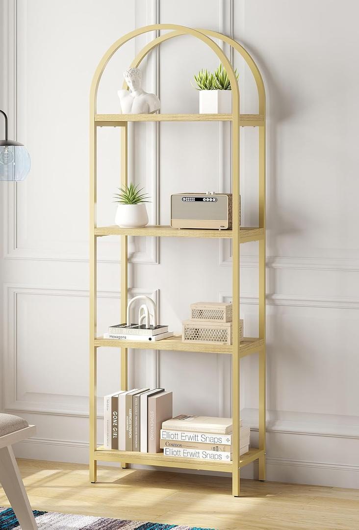 Bookshelf Arched Bookcase, Industrial 4-Tier Open Shelves with Metal Frame, 72" Tall Freestanding Storage Display Rack for Home Office, Living Room, Gold & Nature Wood, Easy Assembly