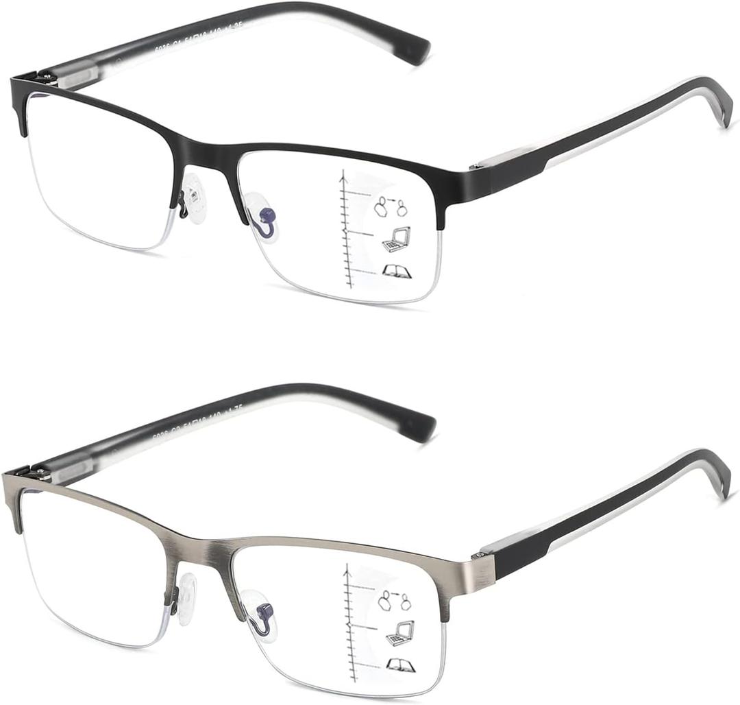 Multifocus Reading Glasses Men Bifocal No Line Progressive Multifocal Reader Blue Light Computer Frame Eyeglasses 2pk (Clear 0 Zero Top Multifocal Lens(black/Brush Gun))