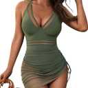 Blooming Jelly Women One Piece Swim Dress Tummy Control Swimsuits Slimming Mesh Sheer Sarong Wraps Bathing Suit (X-Large, Army Green Mesh)