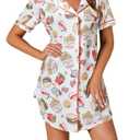 LYANER Women's Printed Nightgown Short Sleeve Sleepshirt Button Down Nightshirt Sleepwear Burger and Fries White Large