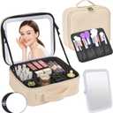 Travel Makeup Bag, Portable Makeup Case with LED Mirror, Removable Mirror with 3 Color Modes, 8 Adjustable EVA Dividers for Brushes Toiletry Jewelry Digital Accessories, Off White