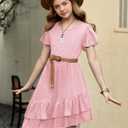 Arshiner Girls Dresses Loose Plain Casual Ruffle Swing Midi Dress with Belt for 5-14 Years (Pink)