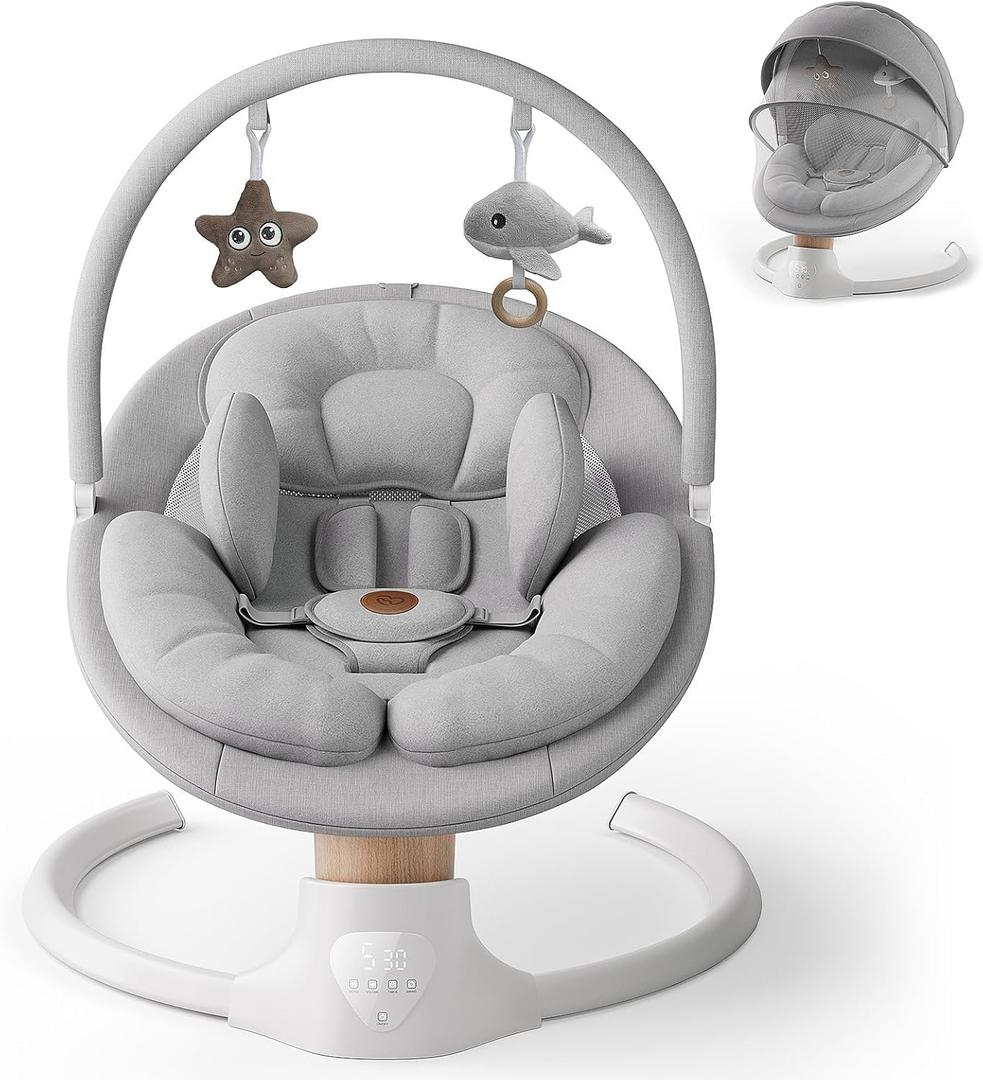 Baby Swings for Infants, FasonBaby Electric Baby Swing with Music Speaker, 5 Speeds, Remote Control and Bluetooth - Portable Infant Swing for Indoor and Outdoor (Gray)