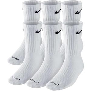 NIKE Dri-FIT Cushion Crew Training Socks (6 Pair) White With Traditional Black Swoosh Logo ADULT LARGE 8-12 UNISEX
