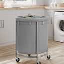 SONGMICS 50.2-Gallon (190 L) Laundry Basket with Wheels, Rolling Round Heavy-Duty Laundry Hamper Cart with Steel Frame and Removable Bag, 2 Locking Wheels, Gray and Metallic Silver URLS001G01