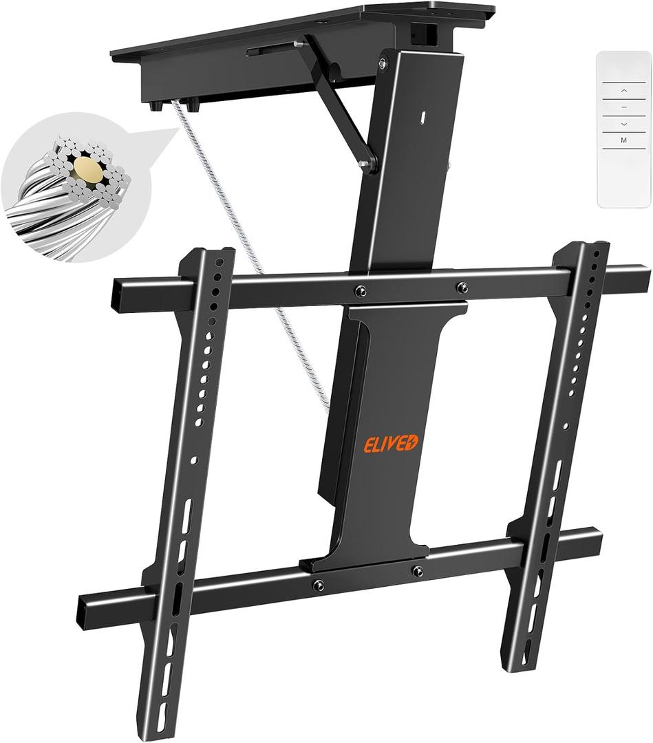 ELIVED Motorized Ceiling TV Mount for 40-70 Inch tvs up to 88 lbs, Electric Ceiling TV Mount with Remote & Adjustable Tilt, Drop Down Ceiling Mount for Flat and Pitched Roofs, Max VESA 600x500mm.