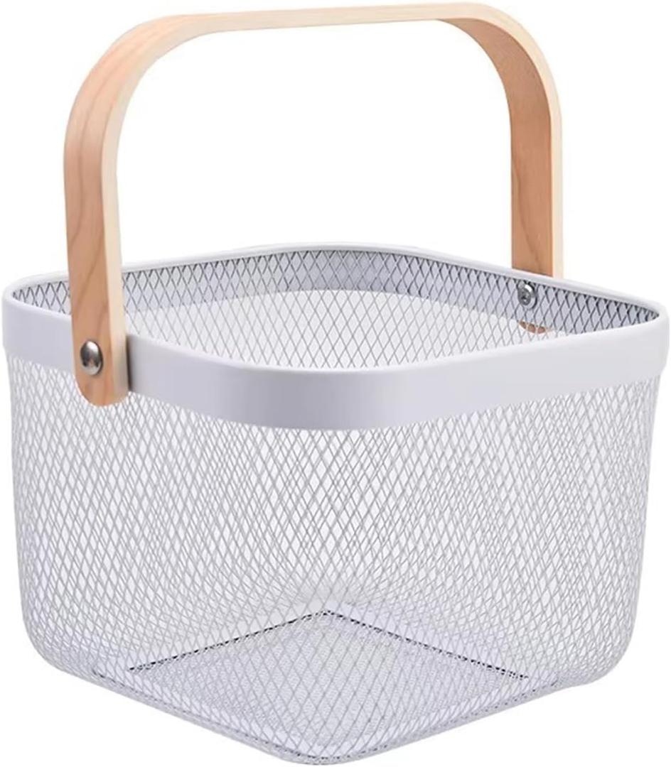 AJIODA Metal Mesh Wire Basket, Small Steel Basket with Wooden Handle Storage Organizer Basket Multi-functional Hanging Kitchen Baskets Fruit Baskets for Kitchen Bathroom Cabinet Pantry Snacks, White