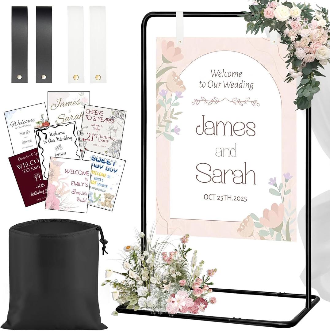 Adjustable Wedding Welcome Sign Stand, Welcome to Our Wedding Sign Holder Stand with 2 Pair Hanging Strap, Heavy Duty Metal Easel Stand for Sign Poster, Floor Standing Black Easels for Display
