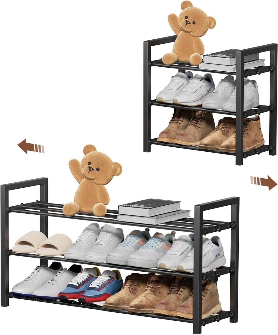 3-Tier Expandable Shoe Rack, Adjustable Shoe Shelf Storage Organizer Heavy Duty Metal Free Standing Shoe Rack for Entryway Closet Doorway (Black)(31"D x 10"W x 16"H)