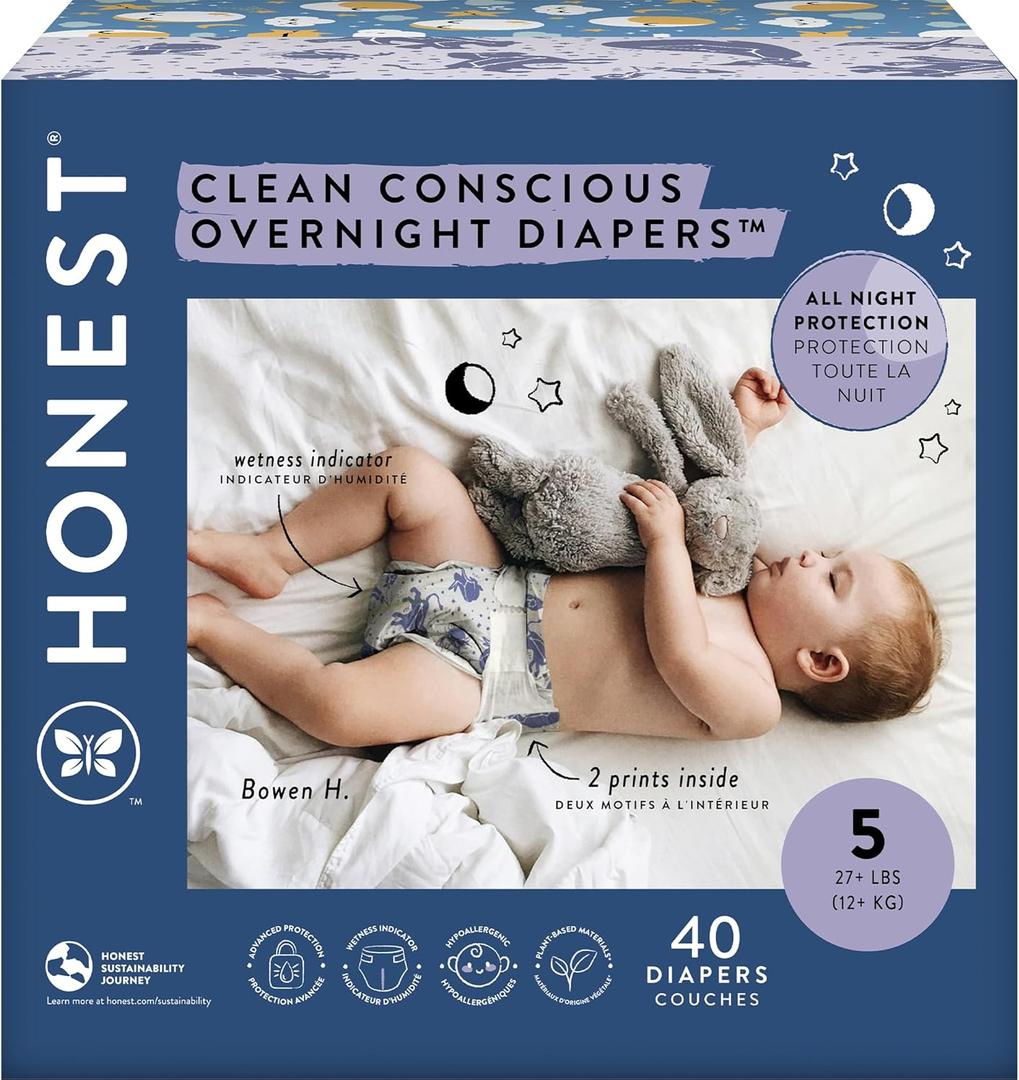 The Honest Company Clean Conscious Overnight Diapers for Sensitive Skin Hypoallergenic Fragrance-Free Baby Cozy Cloud and Star Signs Design Club Box Size 5 (27 lbs) 40 Count