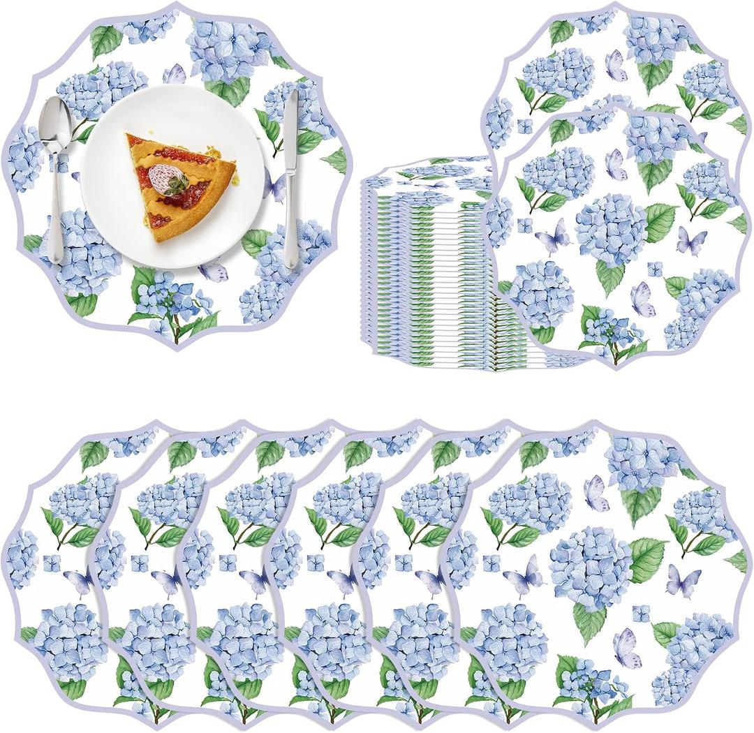100 Pcs Hydrangea Butterfly Paper Placemats 13 Inch Scalloped Paper Placemats Spring Summer Hydrangea Disposable Table Mats for Dinner Table Setting Birthday Wedding Bridal Shower Party Decor