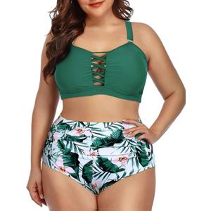Daci Women Plus Size Two Piece Swimsuit - High Waisted Bikini Tummy Control Bathing Suit Bandeau Swimwear (Green, Size: 18 Plus)
